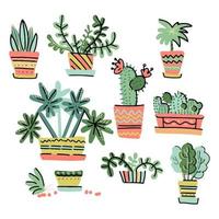 Set of Adorable Miniature Plants Design Elements.Collection of hand drawn houseplants in pots in scandinavian color style on white background.Botanical vector illustrations. Cute cartoon flowers herbs