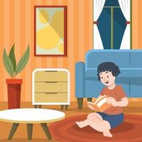 A Girl Reading A Book In The Living Room vector