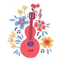 Guitar flat hand drawn vector illustration. Musical instruments store poster design idea. Cartoon guitar with flowers, notes, leaves isolated on white background. Rock band performance,banner template