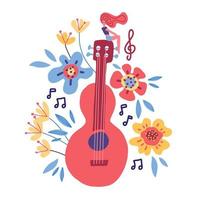 ilustración vectorial dibujada a mano plana de guitarra. idea de diseño de carteles de la tienda de instrumentos musicales. guitarra de dibujos animados con flores, notas, hojas aisladas en fondo blanco. rendimiento de la banda de rock, plantilla de banner vector