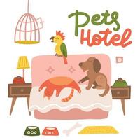 Happy dog , cat and parrot relax on a hotel bed. Animals Pets care concept. Pets hotel poster design with lettering. Room with toys and food . Flat vector illustration