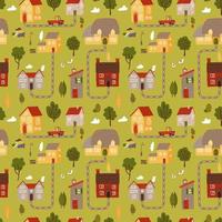 Small countryside map seamless pattern. Top view of countryside with houses roads and cars. Vector flat hand drawn illustration.