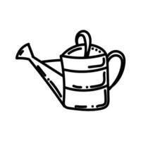 Garden watering can, hand-drawn doodle-style element. Watering can for watering the ground. Simple vector in linear style for logo, icons and emblem - tool for garden treatment, plant care.