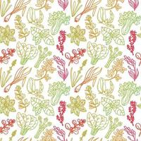 Seamless pattern of herbs, drawn element in doodle style. Silhouettes in rainbow color. Herbs and spices - chili, vanilla, barberry, rosemary, bay leaf, etc. Pattern in a fashionable linear style. vector
