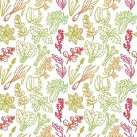 Seamless pattern of herbs, drawn element in doodle style. Silhouettes in rainbow color. Herbs and spices - chili, vanilla, barberry, rosemary, bay leaf, etc. Pattern in a fashionable linear style. vector