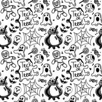 Seamless background with Halloween elements drawn in a doodle style. Poison potions, spider webs, p and voodoo dolls. Monogamous Halloween background. vector