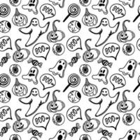 Seamless background with Halloween elements drawn in doodle style. Cute pumpkins, funny ghosts and candy. Monogamous Halloween background. vector