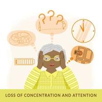 The concept of Alzheimer's disease. Lovely elderly woman with stress, anxiety and memory problems. Colored woman holding her head. Flat style vector illustration.