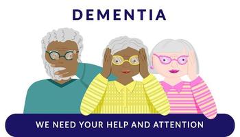 composición de síntomas de demencia de alzheimer con un conjunto de personajes humanos de personas mayores. con la inscripción necesitamos su ayuda y atención. lindos viejos de diferentes razas con la misma enfermedad. vector