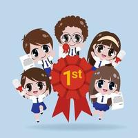 happy kids in uniform cloths holding certificates ribbon collection isolated vector