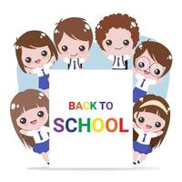 cheerful student in uniform holding back to school banner template vector