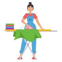 Young housekeeper, a woman ironing clothes on an ironing board. The concept of maid service. Cleaning company services vector