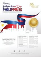 Philippines happy National Day background template with ribbon flags and silhouette city for a poster leaflet and brochure vector