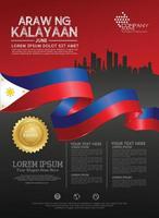 plantilla de fondo del feliz día nacional de filipinas con banderas de cinta y ciudad de silueta para un folleto de póster y folleto vector