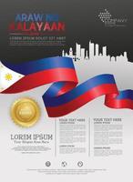 Philippines happy National Day background template with ribbon flags and silhouette city for a poster leaflet and brochure vector