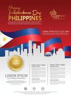 plantilla de fondo del feliz día nacional de filipinas con banderas de cinta y ciudad de silueta para un folleto de póster y folleto vector