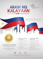 plantilla de fondo del feliz día nacional de filipinas con banderas de cinta y ciudad de silueta para un folleto de póster y folleto vector