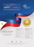 Philippines happy National Day background template with ribbon flags and silhouette city for a poster leaflet and brochure vector