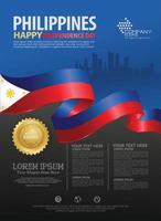 Philippines happy National Day background template with ribbon flags and silhouette city for a poster leaflet and brochure vector