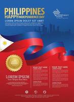 Philippines happy National Day background template with ribbon flags and silhouette city for a poster leaflet and brochure vector