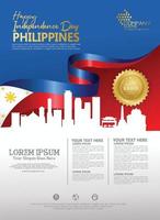 plantilla de fondo del feliz día nacional de filipinas con banderas de cinta y ciudad de silueta para un folleto de póster y folleto vector