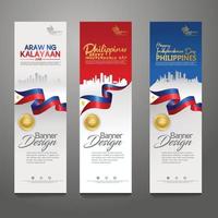 establecer plantilla de diseño de banner vertical. feliz día de la independencia de filipinas fondo moderno con bandera de cinta, cinta de premio de oro y ciudad de silueta vector