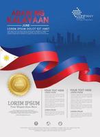 plantilla de fondo del feliz día nacional de filipinas con banderas de cinta y ciudad de silueta para un folleto de póster y folleto vector