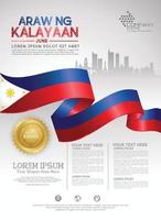 Philippines happy National Day background template with ribbon flags and silhouette city for a poster leaflet and brochure vector