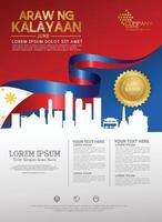 Philippines happy National Day background template with ribbon flags and silhouette city for a poster leaflet and brochure vector