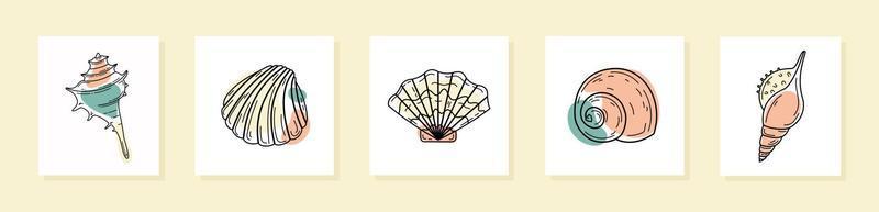 Set of cards with seashells. Shells silhouettes with abstract geometric shapes. Minimalist marine print for home decor. Flat vector illustration.