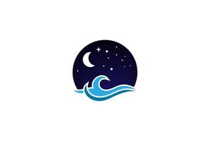 noche moderna luna estrella océano playa mar con ola para viajes aventura logo diseño vector