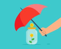 Fianance or business concept. There is hand holding red umbrella ,golden coin and flower in the glass bottle. vector