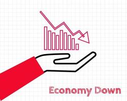 Economy Down concept. There is bar and chart with down arrow on graph paper background for your design, doodle style. vector