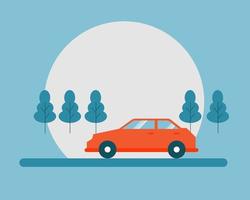 Car on road with many trees. Cartoon vector style for your design