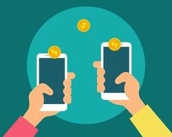 Online money tranfer concept. There are two mobile phone with golden coins. Cartoon vector style for your design