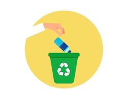 A hand throw plastic bottle into recycle bin. Pollution trash recycling management concept. Cartoon vector style for your design.
