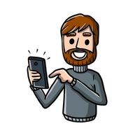 Man with mobile phone. Cartoon hand drawn sketch illustration. Young guy with modern device. Happy character vector