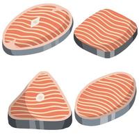 Piece of red salmon fish meat with pink stripe. The cut off part. Slices with grey skin. Kitchen and meal element. Cartoon illustration. Set of Raw Seafood. Food for Cooking sushi vector