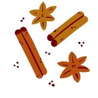 Set of spices. Cinnamon stick and anise flower. vector