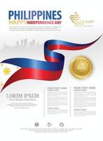plantilla de fondo del feliz día nacional de filipinas con banderas de cinta y ciudad de silueta para un folleto de póster y folleto vector