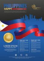 plantilla de fondo del feliz día nacional de filipinas con banderas de cinta y ciudad de silueta para un folleto de póster y folleto vector