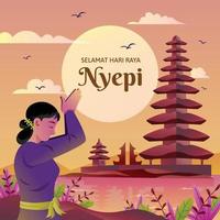 Nyepi illustration with silhouette meditating vector