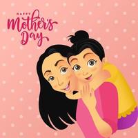Happy Mother's day. Cute cartoon little girl congratulates moms and hugging her mother. vector