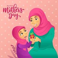 Happy Mother's day. cartoon muslim little girl giving present to her mother vector