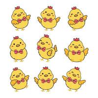 grupo de lindos pollos juguetones usan una colección de corbatas de moño de cinta roja, dibujos animados de animales juguetones dibujando a mano un vector de contorno, pollo caballero