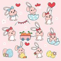 Group of cute happy white baby bunny rabbit with carrot and Easter egg sticker collection set, cartoon drawing outline vector