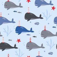 Seamless pattern of whales with lighthouses on the back. Marine print with fish, starfish. Vector graphics.