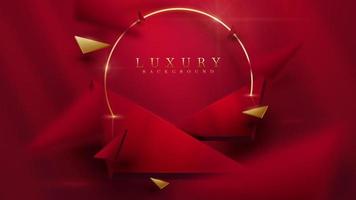 Red luxury background. 3d triangle shape element with golden curve line and glitter light with blurred effect decoration. vector