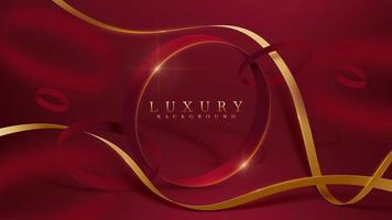 Red luxury background. Circle frame and golden ribbon elements with glitter light effect decoration. vector