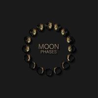 Moon phases astronomy icon set in gold foil round frame lunar cycle, full moon, waning, waxing, first quarter, gibbous, crescent, third quarter. Vector Illustration on black background